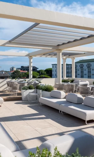 Rooftop terrace with modern furniture and city views.