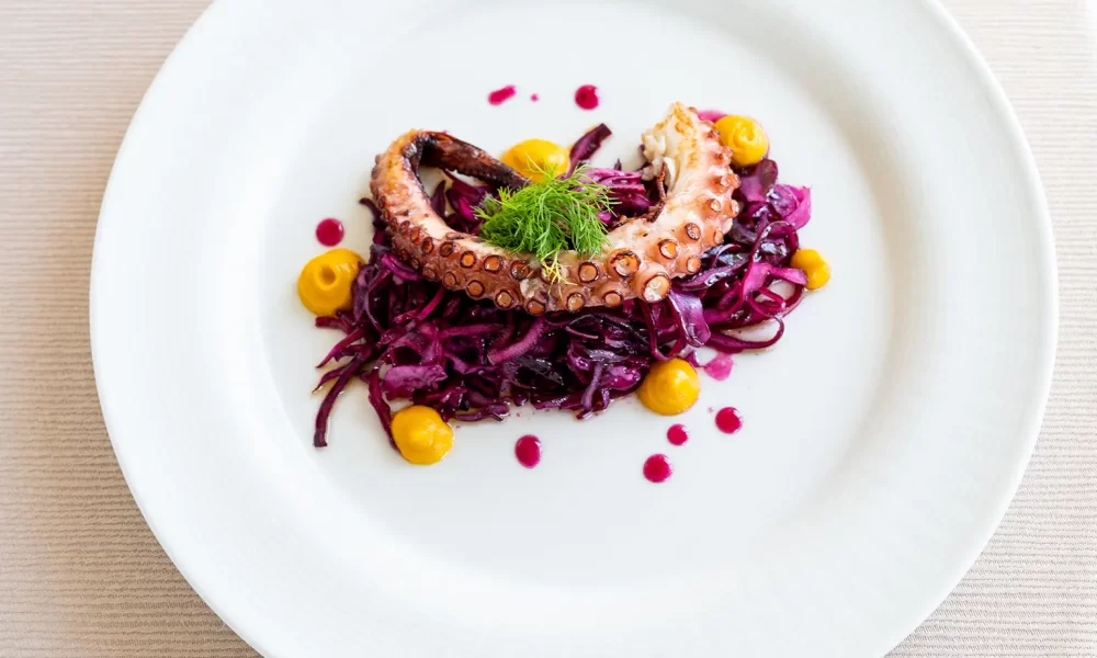 Un piatto di tentacoli di polpo su un letto di cavolo rosso con salse colorate.